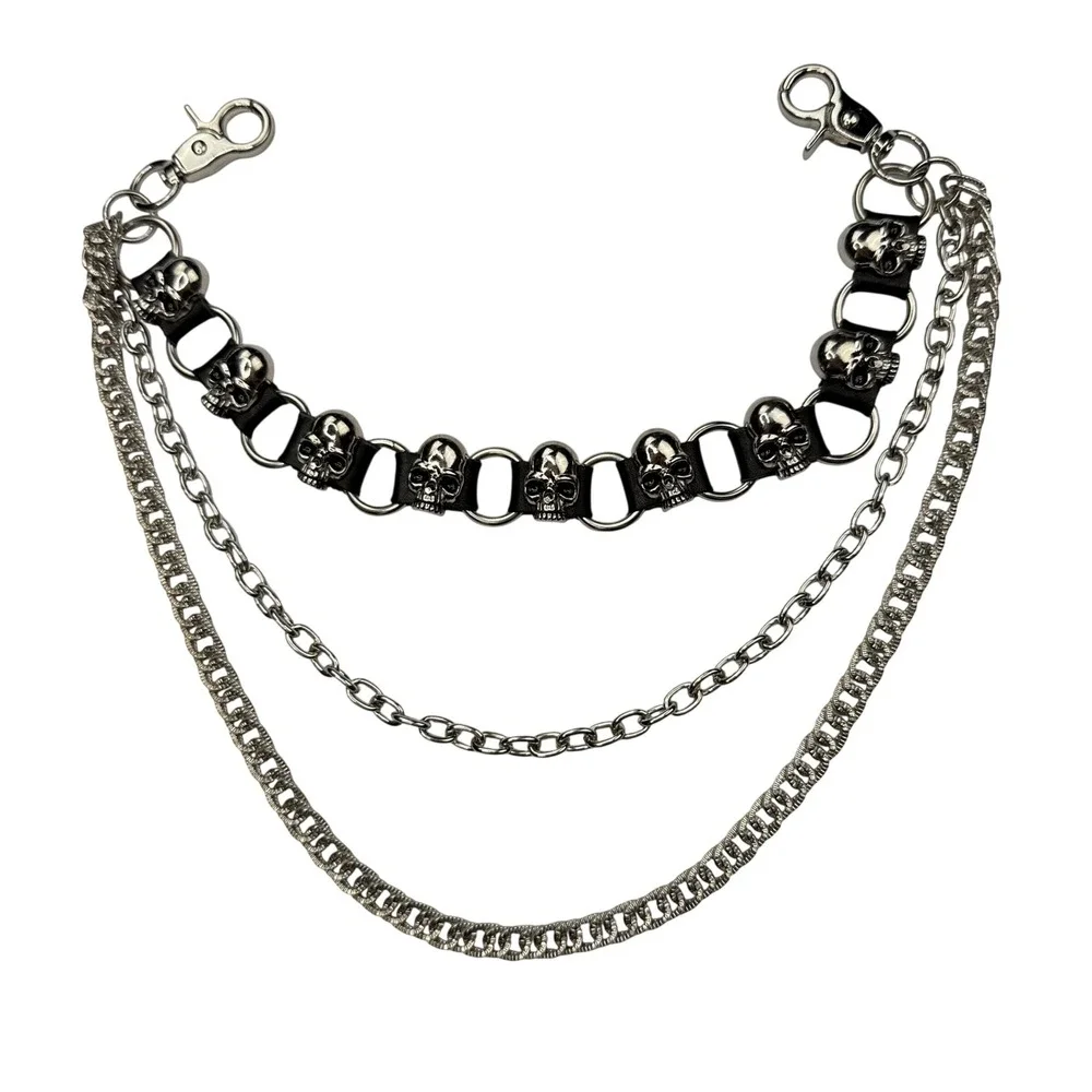 Skull Pant Chain Women OS Silver Triple Layered Gothic Punk Emo Biker Necklace